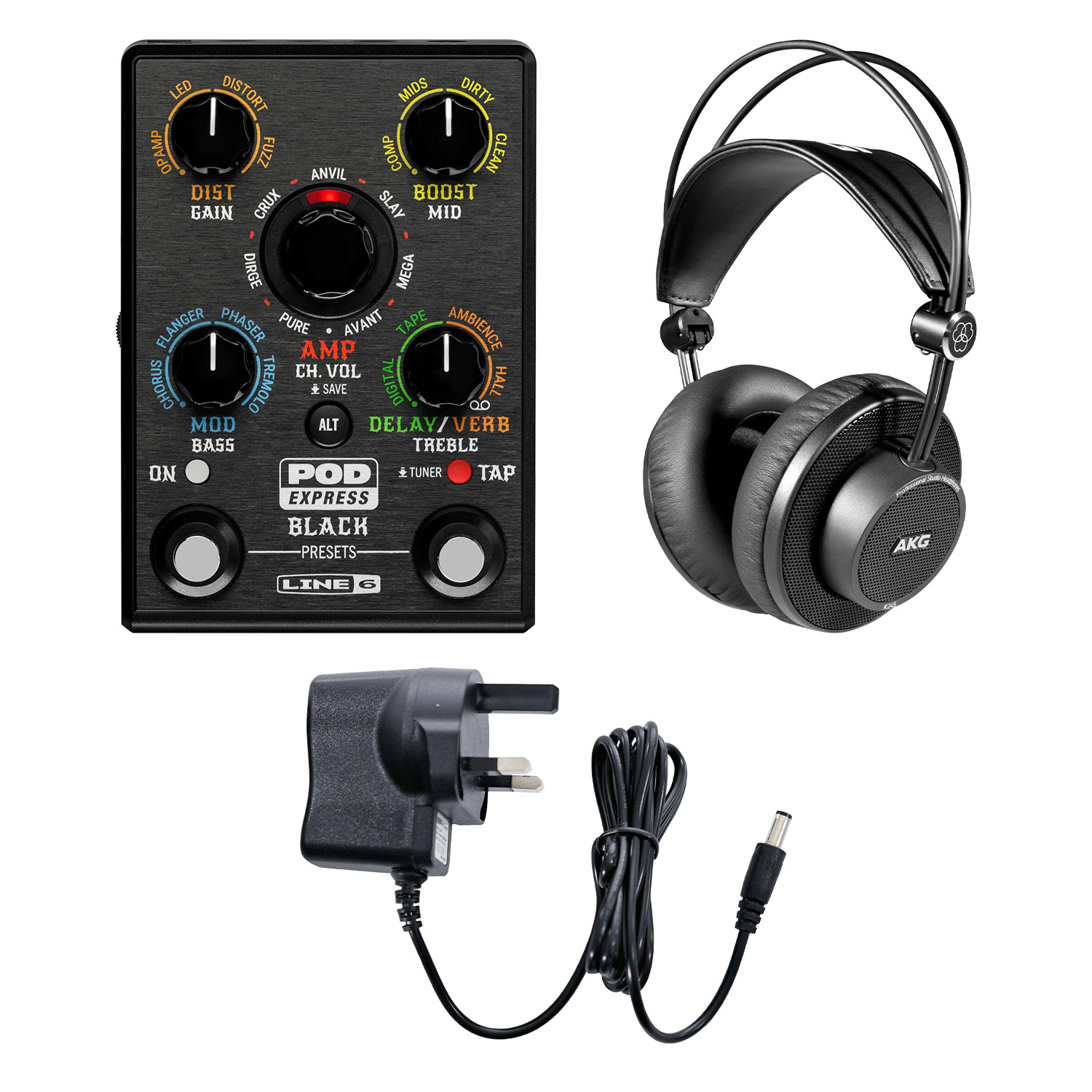 Line 6 POD Express Black Metal Edition Bundle With AKG Headphones and Power Supply