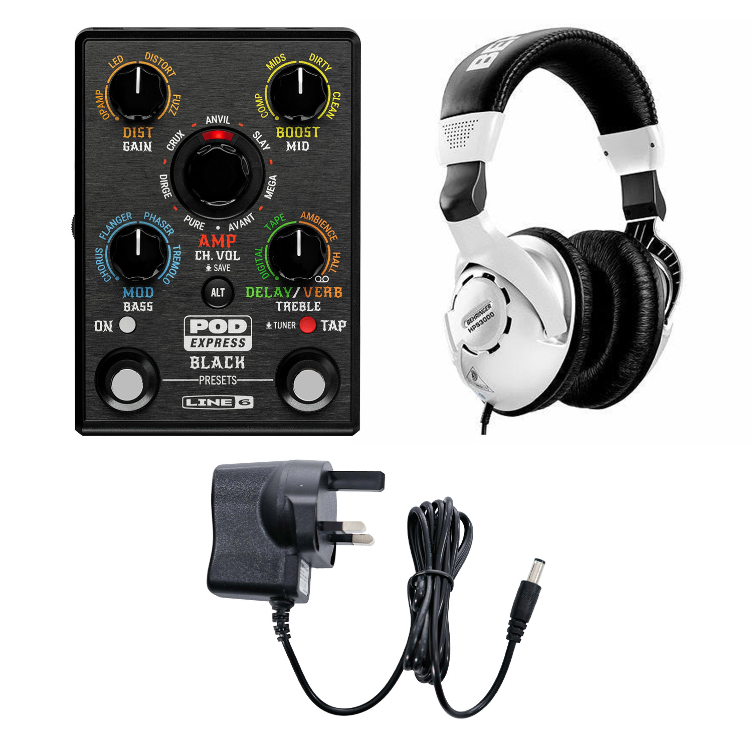 Line 6 POD Express Black Metal Edition Bundle With Behringer Headphones and Power Supply