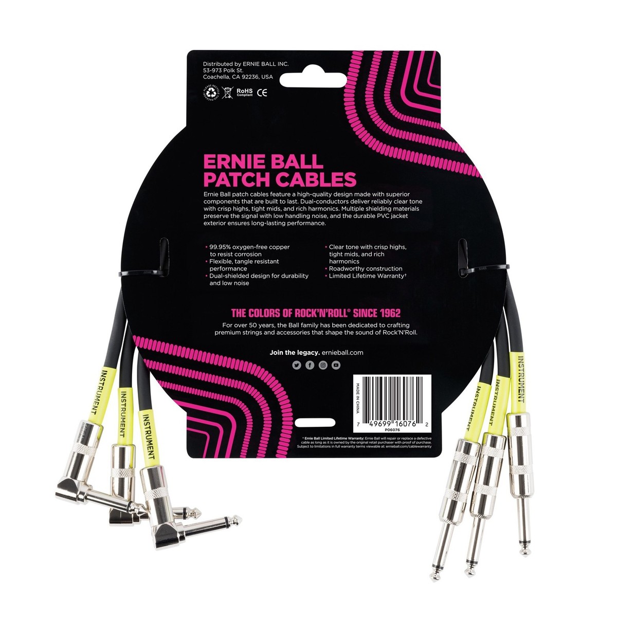 Ernie Ball P06076 1.5ft Straight-Angle Patch Cable 3 Pack Black - Image 2