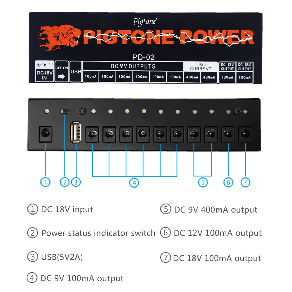 Pigtone PD-02 Pedal Power Supply 10 Way Output Power USB Charge - Image 8