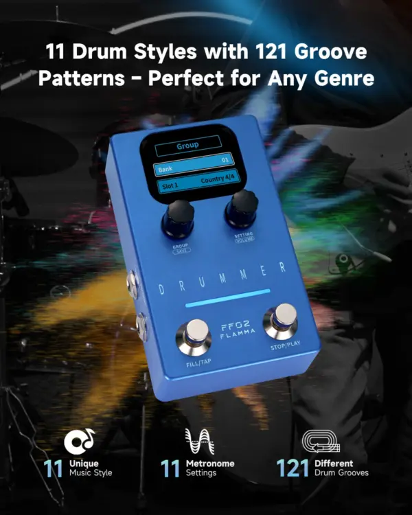 Flamma FF02 Drum Machine Pedal 11 Drum Groove 66 preset slots Fill