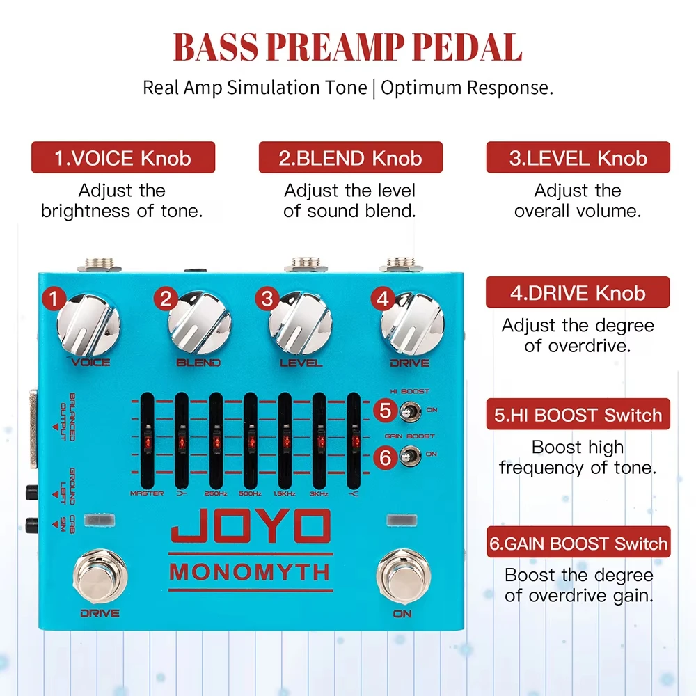 Joyo R-26 Monomyth Bass Preamp Pedal 6-band Graphic EQ Control Real Amplifier Tone - Image 4