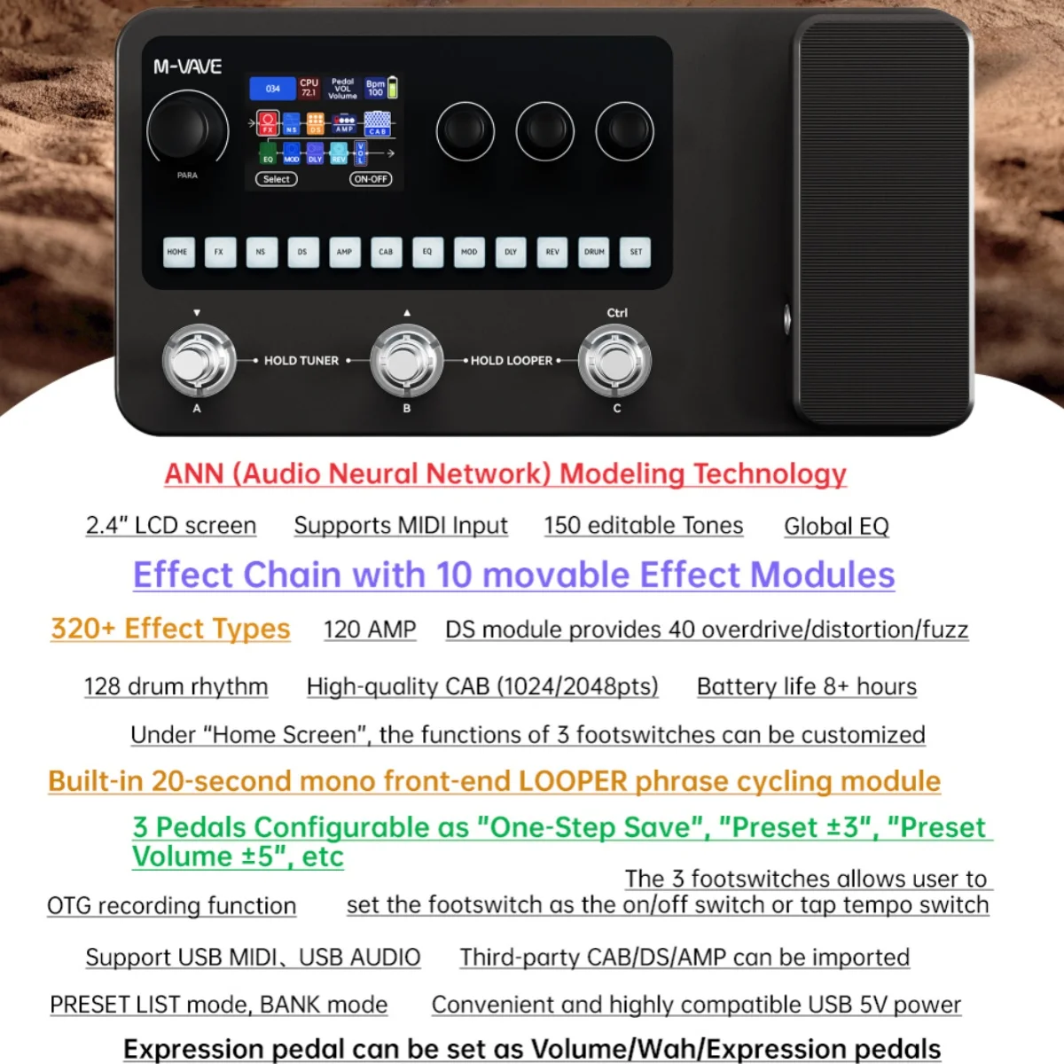 M-Vave MK-20 Bass Multi-Effects Processor Pedal 20 Amp Models 100+ w Bluetooth - Image 5