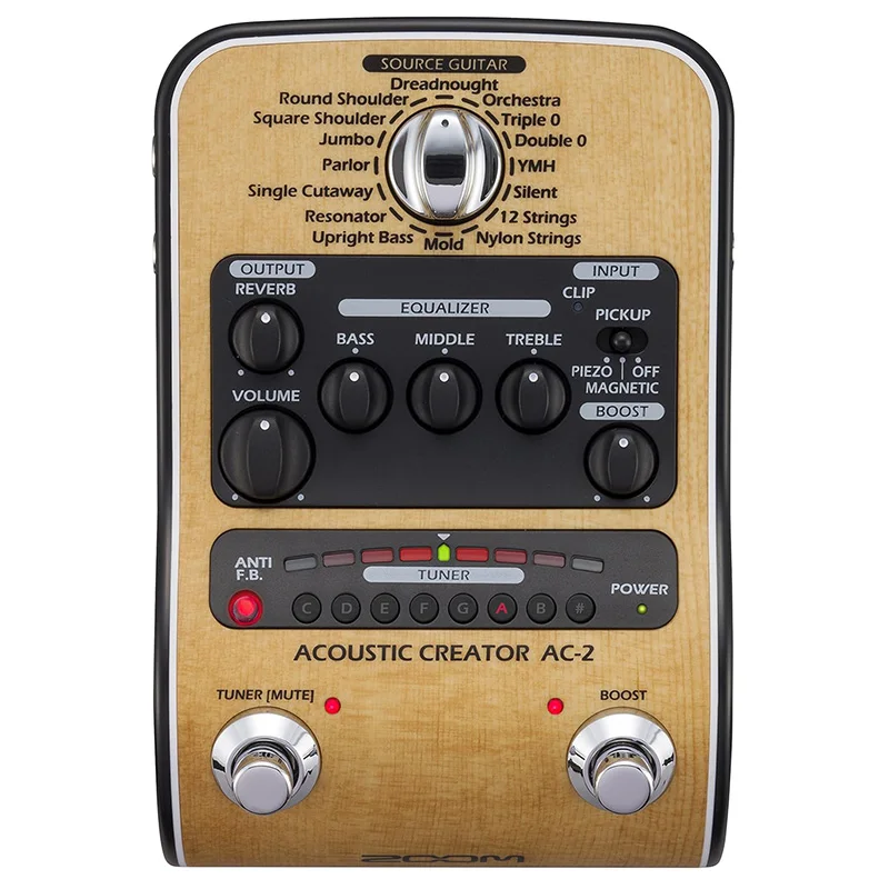 ZOOM AC-2 Preamp Acoustic Guitar Pedal with DI with Tone Restoration, Tuner, Reverb, EQ, and Anti-Feedback